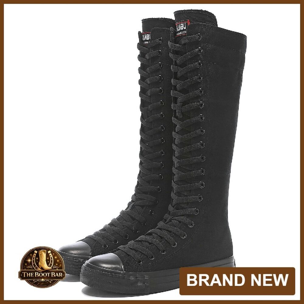Knee High Canvas Zip Boots with Lace Up Design, Durable Rubber Sole